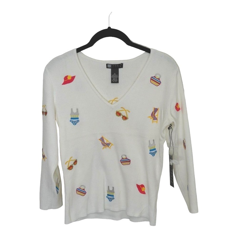 NWT Carole Little V Neck Sweater Women S Embroidered Beach‎ Vacation Coastal